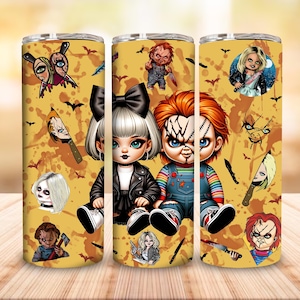 Couple Horror Character Halloween Tumbler Wrap Png, Cartoon Horror 20oz Tumbler, Halloween Horror Skinny Tumbler 20oz Design