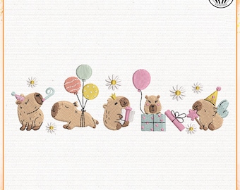 Cute Capybara Embroidery Design, Capybara Birthday Embroidery File, Animal Embroidery Machine File, Instant Download, Includes 3 Sizes