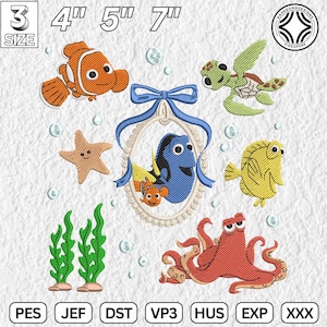 May include: A collection of colorful embroidered sea creatures, including a clownfish, sea turtle, starfish, and octopus. The designs are in various sizes, from 3 to 7 inches. The image also includes a blue bow and a frame with a fish.