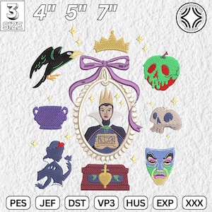 Diseño de bordado de arco de espejo de villanos, diseño de bordado de la Reina de la Coqueta Mágica, diseño de bordado del Reino Mágico, descarga instantánea
