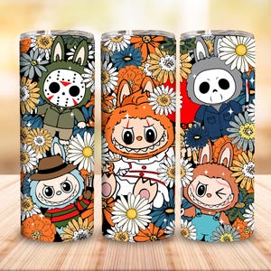 Halloween Monster Doll 20 oz Straight Tumbler Wrap Design, Kawaii Monsters Floral 20oz PNG for Sublimation, Halloween Horror Movie Png,