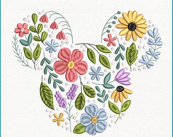 Floral Mouse Head Embroidery Design, Magical Kingdom Embroidery Design, Magic Mouse Flower Embroidery File, Instant Download