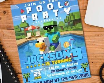 Pool Party Invitation CANVA Template, Pool Birthday Party CanvaTemplate, Pool Birthday Png, Gamer Pool Party Invitation , Sublimation File