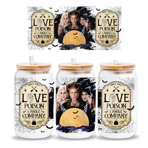 Halloween Funny Movie 16oz Glass Can Sublimation Design, Halloween Witch Sisters Glass Can Wrap Png