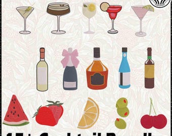 Juego de 10 mini bordados de cócteles, diseño de bebidas, 3 tamaños, descarga instantánea