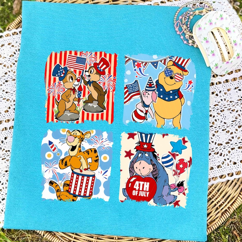 May include: A light blue square fabric with four square images of Disney characters celebrating the 4th of July. Chip and Dale, Winnie the Pooh and Piglet, Tigger, and Eeyore are depicted with patriotic themes.