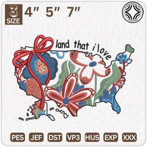 4. Juli Stickerei, Blumen Boho Amerika Karte Stickerei, Land dass ich liebe Stickdatei, sofort Download