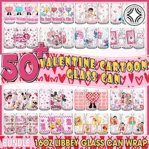 50+ Valentine Cartoon Couple 16 oz Glass Can Design Bundle, Valentine Movie UV DTF Cup Wrap Design Png, Retro Valentine Wrap Png