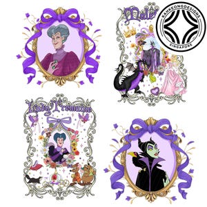 Puede incluir: Cuatro ilustraciones enmarcadas con villanos de Disney. Cada retrato est&aacute; rodeado por un marco dorado y una cinta morada. Las ilustraciones incluyen a Lady Tremaine, Mal&eacute;fica y otros personajes. El logotipo de Kahkeong Designs Singapore est&aacute; en la esquina superior derecha.
