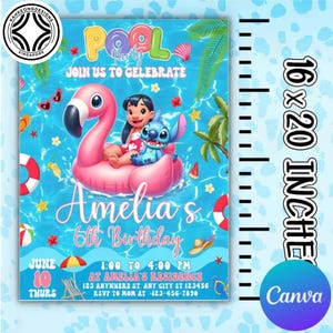 Modèle de toile d'Invitation à la piscine, modèle d'invitation à une fête d'anniversaire à la piscine, invitation à une fête à la piscine dessin animé, monstre bleu, fichier de sublimation