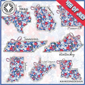 Bundle de carte d'État des États-Unis, carte d'État patriotique avec noeud Png, carte florale du 4 juillet Png, Png rouge blanc bleu, Memorial Day, fichier de sublimation