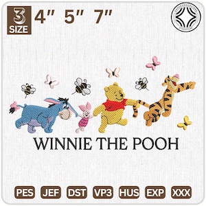 May include: Embroidered design featuring Winnie the Pooh, Piglet, Eeyore, and Tigger. The characters are surrounded by bees and butterflies. The design is available in 4", 5", and 7" sizes.