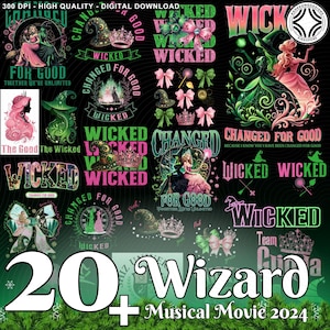Może przedstawiać: Cyfrowe pobieranie grafiki z różnymi wzorami, w tym słowami "Wicked" i "Changed for Good". Projekty obejmują wiedźmy, korony, kokardy i tekst "20+ Wizard Musical Movie 2024."