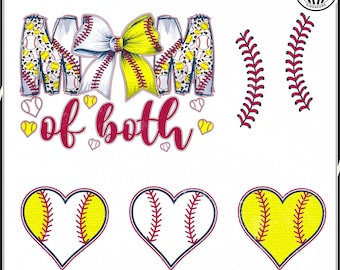 Custom Baseball Softball Mom Png, Softball Mama Shirt With Kids Name & Jersey Number Png, Mom Of Both Png, Baseball Coquette Bow Png