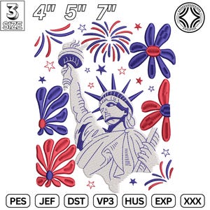 Retro Statue Of Liberty Embroidery Design, 4th Of July Embroidery Design, American Flag Embroidery Design, Instant Download