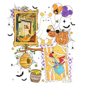 Spooky Ghost Bear And Friends Png, Retro Halloween Spooky Bear Png, Cartoon Halloween Png, Trendy Cartoon Witch Honey Bear, Sublimation File