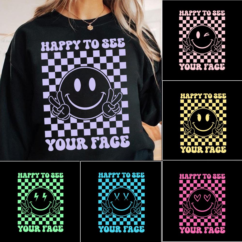 Happy To See Your Face Neon Checkered Bundle Png, Preppy Smiley Back To School Png, Neon First Day Of School Kids Png, Retro Teacher Png
