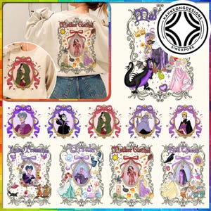 Puede incluir: Sudadera de color crema con una ilustraci&oacute;n enmarcada de un personaje de cuento de hadas. El dise&ntilde;o incluye el texto "Mother Gothel" y otros personajes. Debajo hay retratos enmarcados de otros personajes.