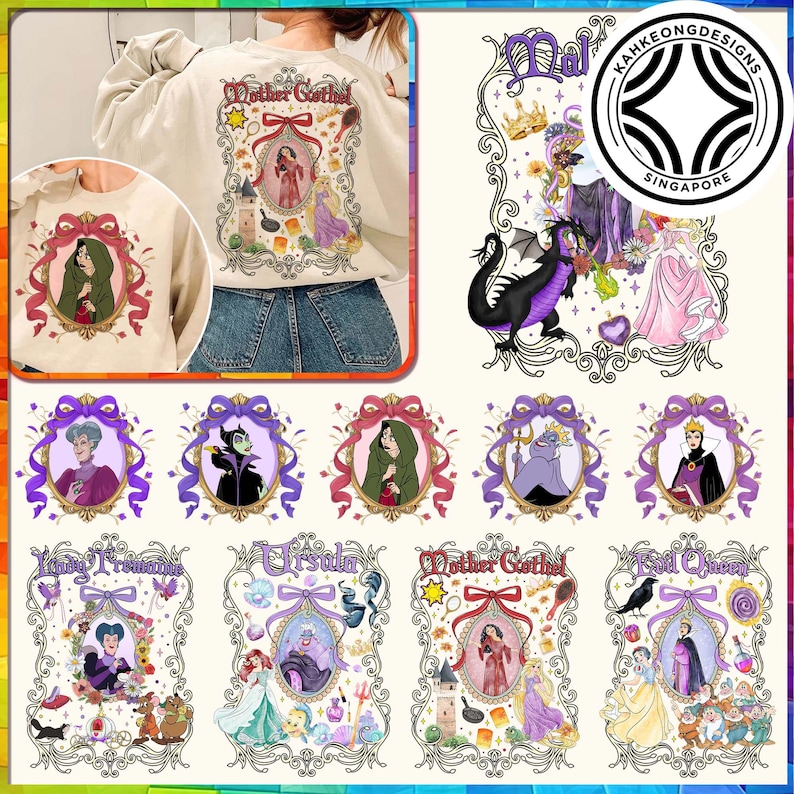 Puede incluir: Sudadera de color crema con una ilustraci&oacute;n enmarcada de un personaje de cuento de hadas. El dise&ntilde;o incluye el texto "Mother Gothel" y otros personajes. Debajo hay retratos enmarcados de otros personajes.