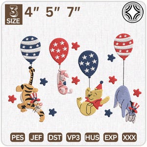 4th Of July Embroidery Design, Cartoon Movie Embroidery Design, Patriotic Bear And Friends Embroidery Design, Instant Download