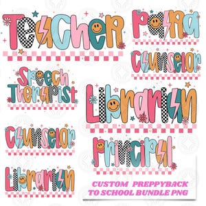 Custom Preppy Teacher/Para/Counselor/Librarian Back to School Bundle PNG, Custom Teacher Coquette First Day of School Png, Girly Pink Bow