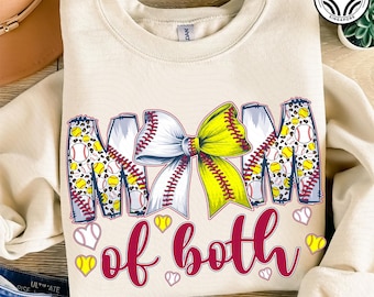 Mom Of Both Baseball Softball Mama Png, Softball Baseball Mom Shirt Design Png, Game Day Png, Baseball Coquette Png, Softball Bow Png