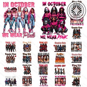Puede incluir: Colección de impresiones de arte digital con grupos de mujeres con atuendos rosas y máscaras de terror. El texto incluye "In October We Wear Pink", "Thug Life" y "Bad Girls Have More Fun".