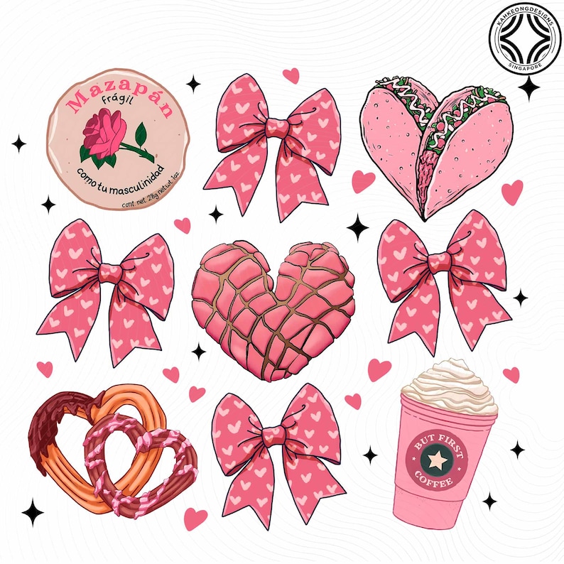 May include: A collection of pink and brown illustrations on a white background. The illustrations include heart-shaped tacos, bows with heart patterns, a heart-shaped pastry, churros, a coffee cup, and a round label with text and a rose.