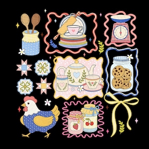 May include: A whimsical illustration featuring kitchen and baking-themed elements. Includes a chicken, jars of jam, a teapot, teacups, a scale, cookies, and wooden spoons. The design has a vintage, country aesthetic with a black background.