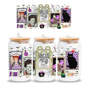 Halloween Witch Sisters Glass Can PNG Sublimation Design, Retro Witches Movie 16 Oz Libbey Glass Can Wrap Png