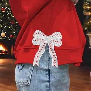 Baseball stitch Bow Applique side bow machine embroidery designs wide ribbon Sports Girly Bow sweatshirt seam side bow