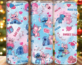 Valentine Cartoon Couple 20 oz Skinny Tumbler Png, Valentine 20oz Straight Tumbler PNG, Blue Alien Character Tumbler Png, Love Valentine Png
