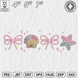 May include: Embroidered design featuring a seashell, two bows with pearls, and a starfish. The design is in pink, blue, and yellow colors. The design is available in three sizes: 4 inches, 5 inches, and 7 inches.