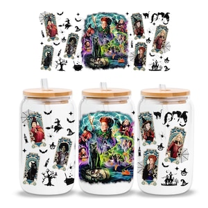 Halloween Witch Sisters 16 oz Glass Can Sublimation Design, Bad Witches 16 Oz Libbey Glass Can Wrap Png