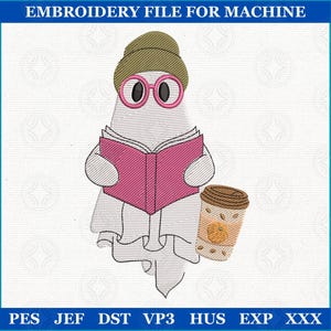 Little Ghost Reading Embroidery Design, Halloween Bookish Ghost Stitch File, Boo Machine Embroidery for Book Lovers, Instant Download