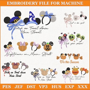 May include: A collection of Halloween-themed embroidery designs featuring Mickey Mouse ears with various decorations. Designs include witch hats, pumpkins, spiderwebs, and the text "Trick or Treat down Main Street" and "Nightmare on Main Street".