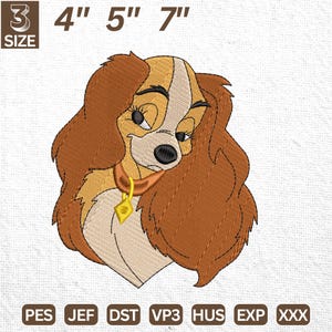 Könnte beinhalten: Stickdatei von Lady, einem braunen und weißen Hund mit braunem Halsband und goldenem Anhänger, aus dem Disney-Film Susi und Strolch. Das Design ist in drei Größen erhältlich: 4 Zoll, 5 Zoll und 7 Zoll.