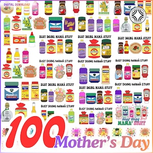 Puede incluir: Una descarga digital con ilustraciones de productos alimenticios, como botellas y frascos, con texto como "Mama" y "Busy Doing Mama Stuff." La imagen también incluye el texto "100 Mother's Day."