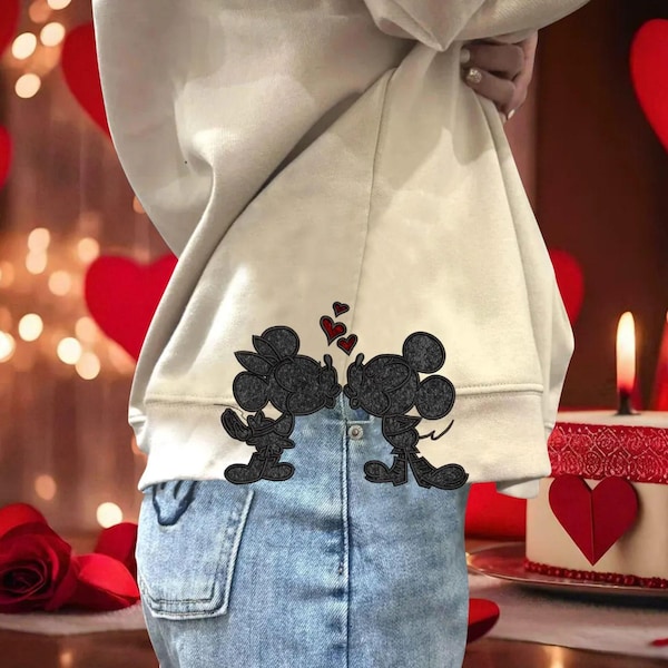 トレンディなカップルのマウスサイドボウ刺繍デザイン、バレンタインサイドボウ刺繍デザイン、バレンタイングリッターアップリケ刺繍デザイン