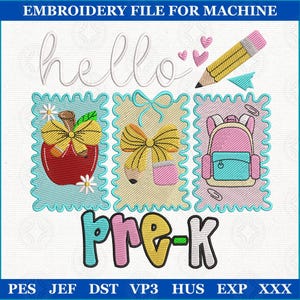 Preppy Back to School Embroidery Bundle, Hello Kindergarten to 5th Grade Stitch File, Coquette First Day Teacher Girl Embroidery