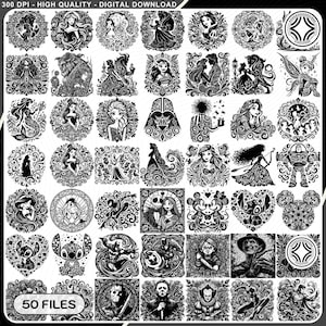 50 Zeichentrickfilm-Svg-Bundle, verzauberte Rose SVG, Meerjungfrau-Svg, Prinzessin Filmfiguren zwar, Superhelden-Svg, Horrorfilm-Killer-Svg