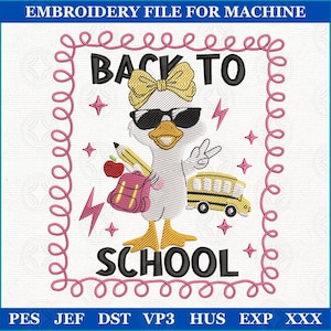 Coquette Kids Goose Back To School Embroidery, Preppy First Day Stitch File, Silly Goose Design, Boy Girl School Embroidery