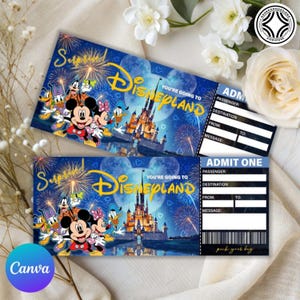Puede incluir: Dos entradas azules para Disneyland con Mickey Mouse y sus amigos, un castillo y fuegos artificiales. Las entradas dicen "You're going to Disneyland" y "Admit One". El logotipo de Canva es visible.