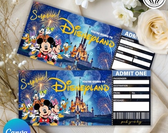 Editable Mouse Theme Park Ticket PNG, Canva Surprise Trip Template, Magic Park Family Gift, Vacation Reveal Ticket Printable
