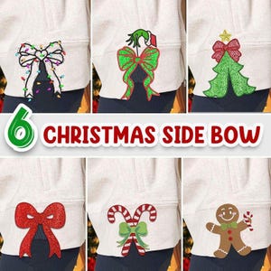 Pode incluir: Seis designs de laços laterais com tema natalino são exibidos em hoodies cinza claro. Os designs incluem um laço com luzes, um laço inspirado no Grinch, uma árvore de Natal, um laço vermelho com glitter, bengalas doces e um homem de gengibre. O texto "CHRISTMAS SIDE BOW" também é visível.