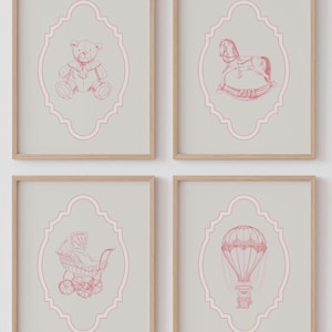 Roze speelgoed teddybeer hobbelpaard koets en ballon kinderkamer muur kunst set, minimalistisch vintage interieur, verhalenboek afdrukbare galerijbundel