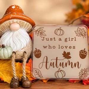 May include: A gnome figurine with a brown mushroom hat, white beard, and dangling legs holding a small green pumpkin next to a square glass plaque featuring the brown text Just a girl who loves Autumn surrounded by pumpkin and leaf illustrations.