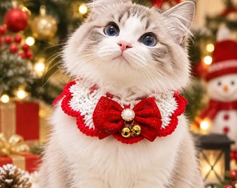 Collar de ganchillo hecho a mano para mascotas, collar navideño para gatos, collar de punto para perros, accesorio para fotos navideñas de mascotas, atuendo navideño para gatos, regalo artesanal para mascotas