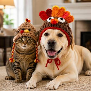 Thanksgiving-Truthahn-Haustiermütze, handgehäkelte Mütze für Katzen und kleine bis mittelgroße Hunde, festliches Haustieroutfit, herbstliches Thanksgiving-Geschenk für Tierliebhaber