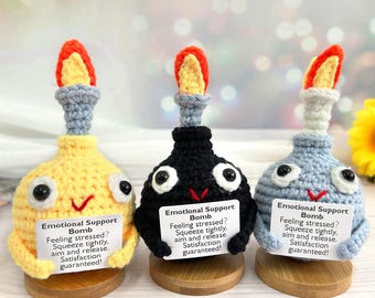 Handmade crochet bomb toy,Emotional support bomb, Black/Gray/Yellow bomb toy,Office decorations,Stress relieving toys,F Bomb Stress